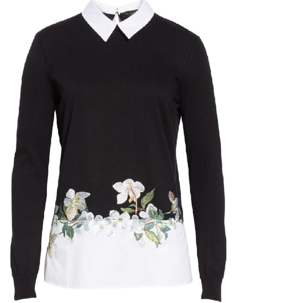 Ted Baker Black Floral Embroidered Layered Sweater